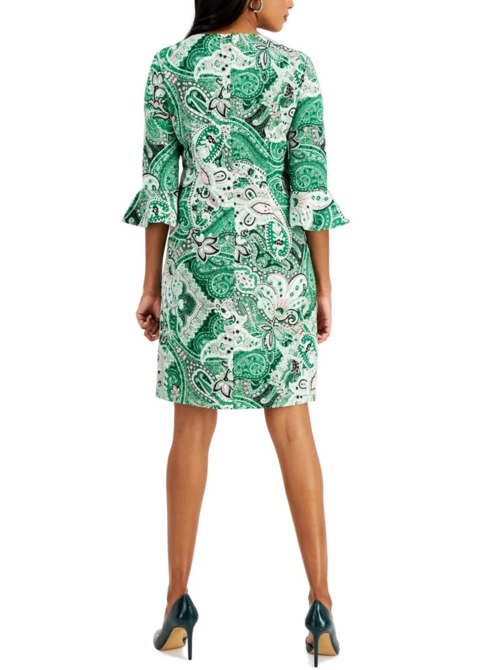 Kasper Printed Ruffle-Sleeve Sheath Green Paisley Print Dress artsy office sz 12 - Picture 2 of 16